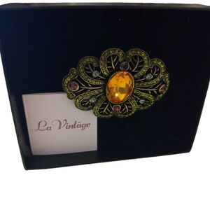 La Vintage' European Crystals Brooch Polished Antique Bronze Finish Petal Design